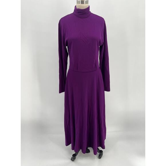 Vintage Ralph Lauren Fit & Flare Midi Dress Sz 10 Purple Long Sleeve Turtleneck - Picture 1 of 10
